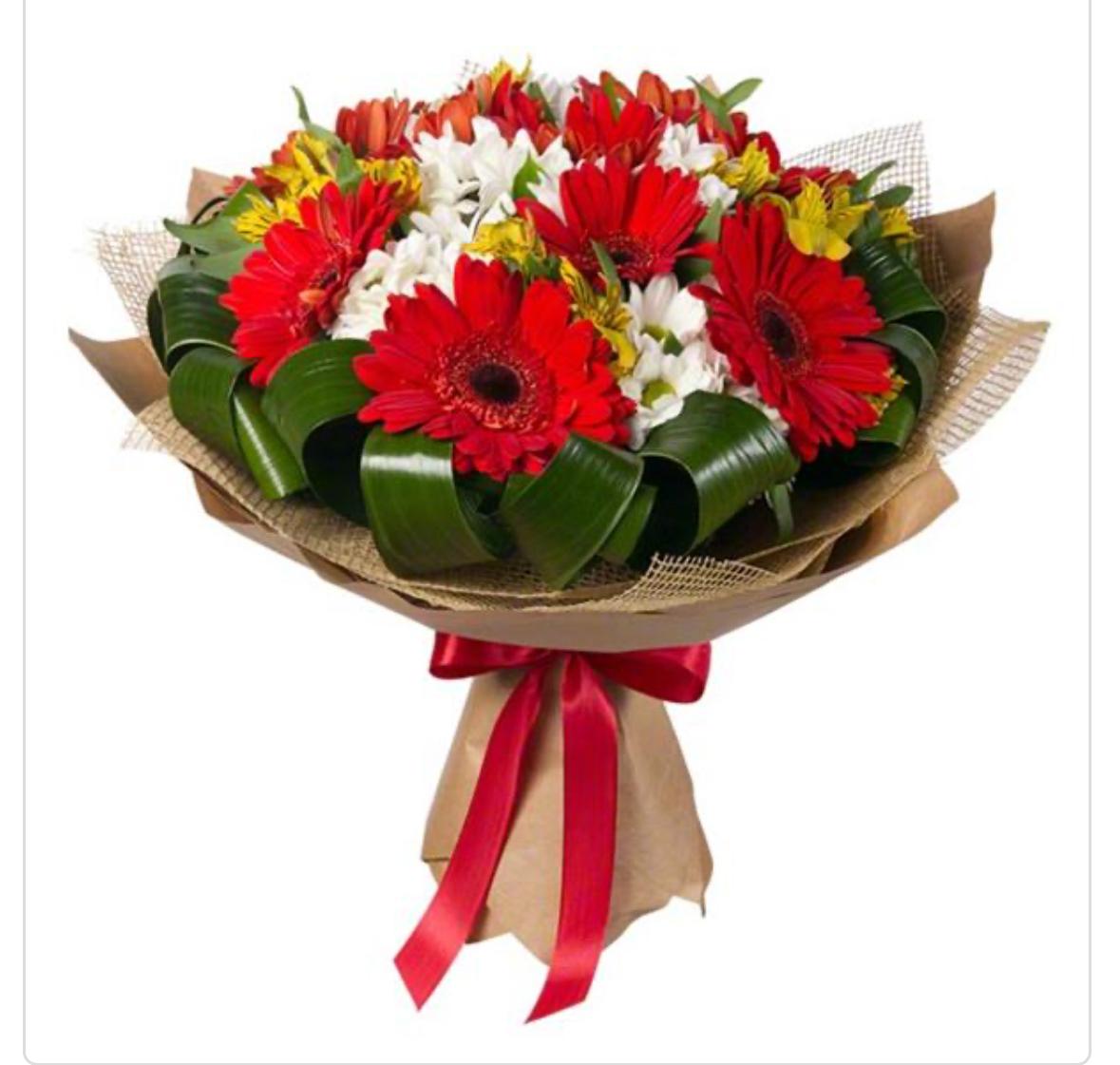 Kırmızı Gerbera beyaz Kasımpatı ve Sarı Astomerya Buketi